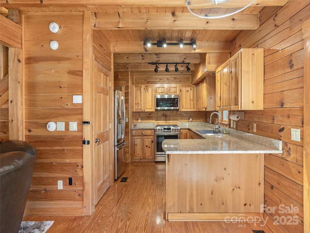 79 Acorn Ln, Rutherfordton, NC 28139 - kitchen with appliances with stainless steel finishes, rail lighting, a sink, a peninsula, and light stone countertops