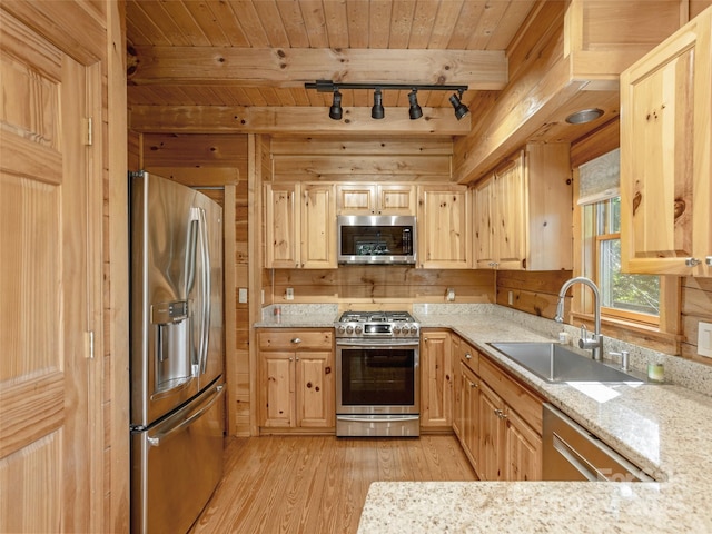 79 Acorn Ln, Rutherfordton, NC 28139 - kitchen with stainless steel appliances, a sink, rail lighting, wood ceiling, and light wood-style flooring