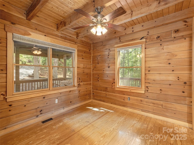 79 Acorn Ln, Rutherfordton, NC 28139 - spare room featuring wood ceiling with exposed beams, a ceiling fan, wood walls, and wood finished floors