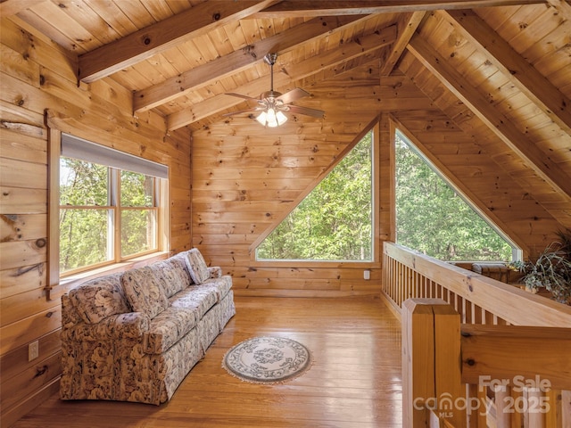 79 Acorn Ln, Rutherfordton, NC 28139 - living room featuring wooden ceiling, wood walls, hardwood / wood-style floors, and ceiling fan