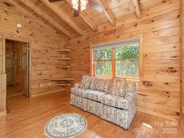 79 Acorn Ln, Rutherfordton, NC 28139 - living area featuring wood ceiling, wood walls, wood finished floors, and a ceiling fan