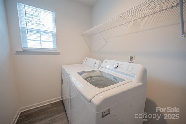 3403 Keith Dr, Charlotte, NC 28269 - laundry room with independent washer and dryer, dark wood-type flooring, and baseboards