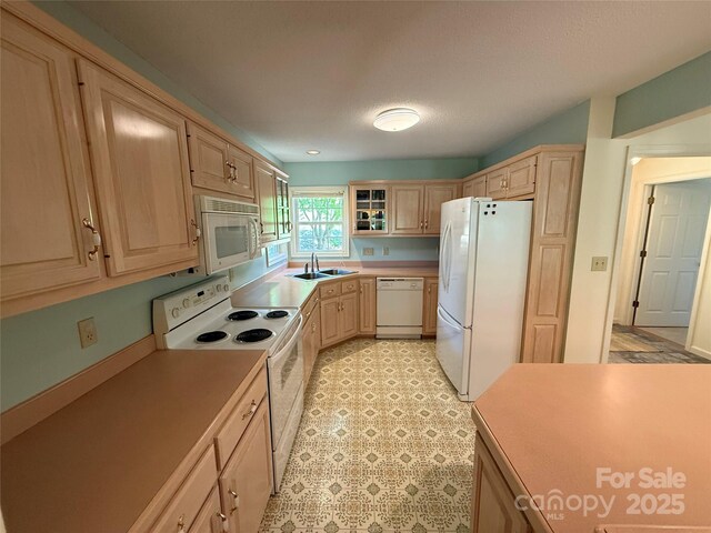 333 Lentz Landing Ln, Nebo, NC 28761 - kitchen featuring white appliances, light brown cabinetry, light countertops, and glass insert cabinets