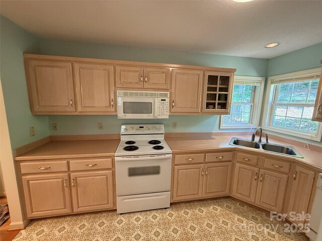 333 Lentz Landing Ln, Nebo, NC 28761 - kitchen featuring white appliances, light brown cabinetry, light countertops, and glass insert cabinets