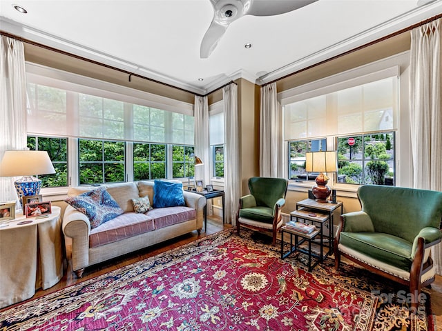 3 Bayonne Trl, Asheville, NC 28804 - living room featuring ceiling fan, ornamental molding, and wood finished floors