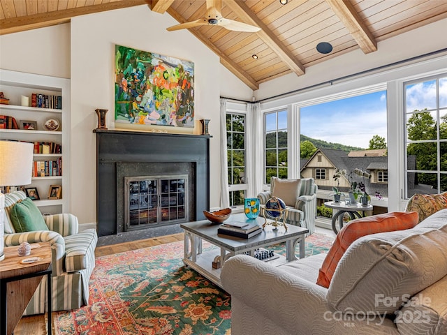 3 Bayonne Trl, Asheville, NC 28804 - living room featuring wood finished floors, a fireplace with flush hearth, wood ceiling, ceiling fan, and built in features
