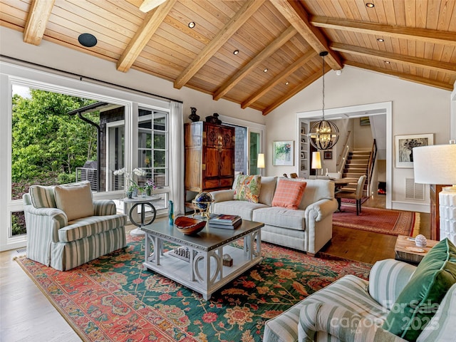 3 Bayonne Trl, Asheville, NC 28804 - living room featuring wood ceiling, a chandelier, and wood finished floors