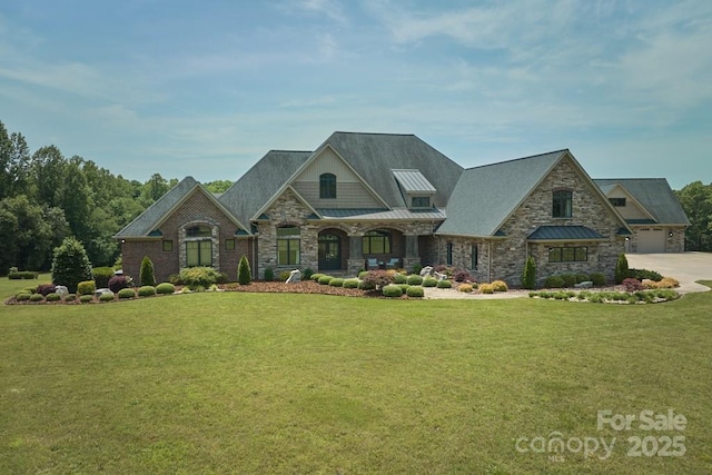 109 Oak Forest Dr, Kings Mountain, NC 28086 - view of front of home featuring a standing seam roof, a front lawn, stone siding, and metal roof