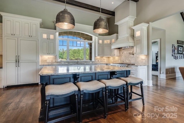 109 Oak Forest Dr, Kings Mountain, NC 28086 - kitchen featuring premium range hood, dark wood-style flooring, backsplash, light stone countertops, and glass insert cabinets