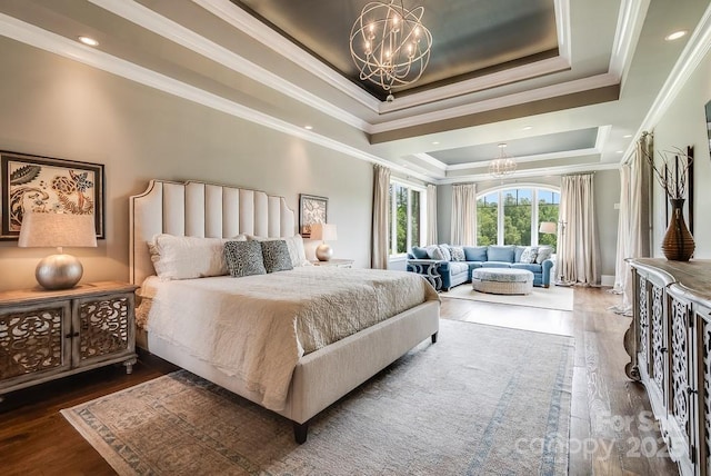 109 Oak Forest Dr, Kings Mountain, NC 28086 - bedroom featuring a chandelier, a raised ceiling, wood finished floors, and ornamental molding