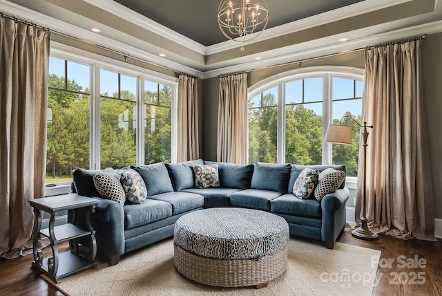 109 Oak Forest Dr, Kings Mountain, NC 28086 - living room with ornamental molding, recessed lighting, a chandelier, wood finished floors, and a raised ceiling