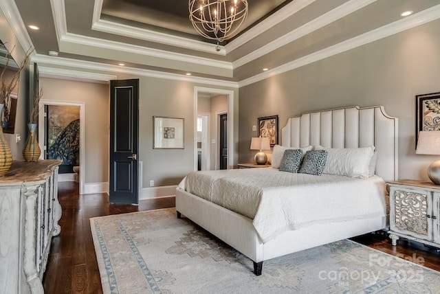 109 Oak Forest Dr, Kings Mountain, NC 28086 - bedroom featuring a chandelier, a raised ceiling, dark wood finished floors, crown molding, and baseboards