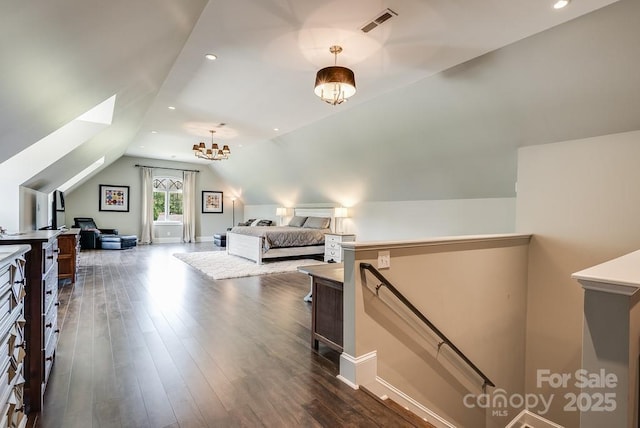 109 Oak Forest Dr, Kings Mountain, NC 28086 - bedroom with vaulted ceiling, dark wood-type flooring, recessed lighting, a chandelier, and baseboards