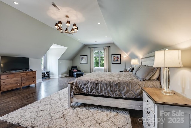 109 Oak Forest Dr, Kings Mountain, NC 28086 - bedroom featuring dark wood-style floors, vaulted ceiling, baseboards, a chandelier, and recessed lighting
