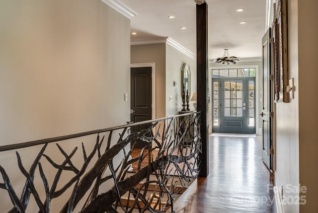 109 Oak Forest Dr, Kings Mountain, NC 28086 - hall featuring wood finished floors, ornamental molding, and recessed lighting