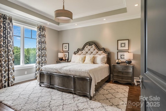 109 Oak Forest Dr, Kings Mountain, NC 28086 - bedroom with crown molding, a raised ceiling, recessed lighting, wood finished floors, and baseboards