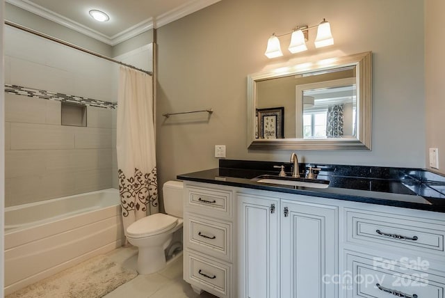 109 Oak Forest Dr, Kings Mountain, NC 28086 - bathroom with toilet, crown molding, vanity, shower / tub combo with curtain, and tile patterned floors