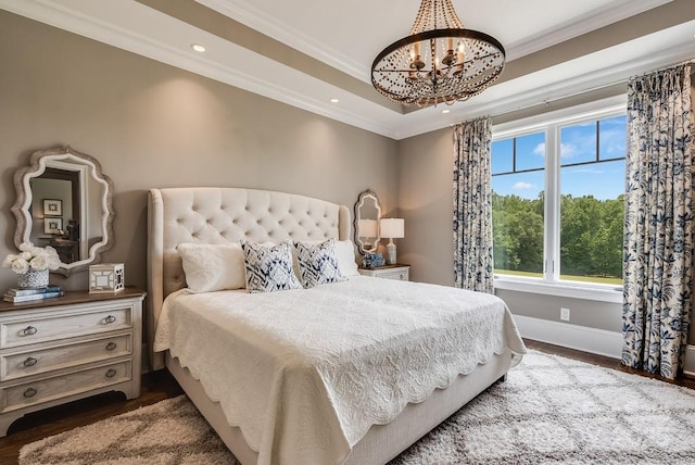 109 Oak Forest Dr, Kings Mountain, NC 28086 - bedroom with ornamental molding, a chandelier, baseboards, dark wood finished floors, and recessed lighting
