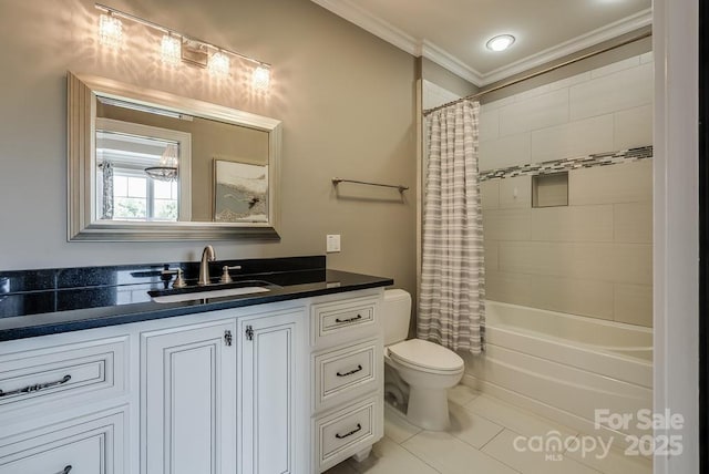 109 Oak Forest Dr, Kings Mountain, NC 28086 - full bathroom with toilet, crown molding, shower / bathtub combination with curtain, tile patterned floors, and vanity