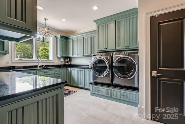 109 Oak Forest Dr, Kings Mountain, NC 28086 - washroom featuring cabinet space, separate washer and dryer, crown molding, and recessed lighting