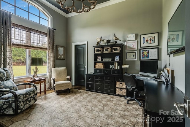 109 Oak Forest Dr, Kings Mountain, NC 28086 - office area featuring crown molding, a chandelier, healthy amount of natural light, and a towering ceiling
