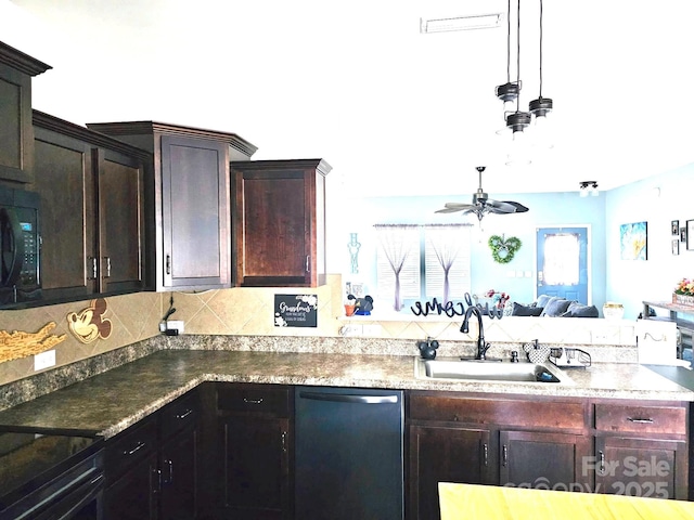 189 Fesperman Cir, Troutman, NC 28166 - kitchen with dishwashing machine, backsplash, ceiling fan, open floor plan, and black microwave