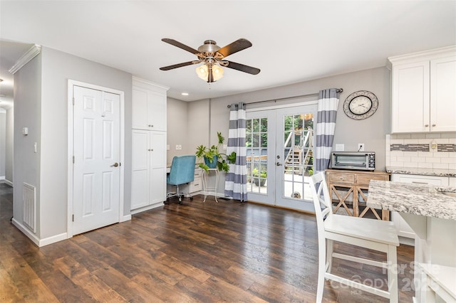 240 China Grove Rd, China Grove, NC 28123 - home office featuring french doors, dark wood-type flooring, ceiling fan, baseboards, and recessed lighting