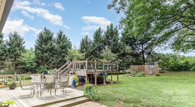 240 China Grove Rd, China Grove, NC 28123 - deck with a lawn, stairway, and view of wooded area