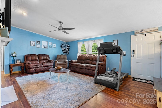 5366 Hayes Waters Rd, Morganton, NC 28655 - living room with ornamental molding, wood finished floors, ceiling fan, and vaulted ceiling