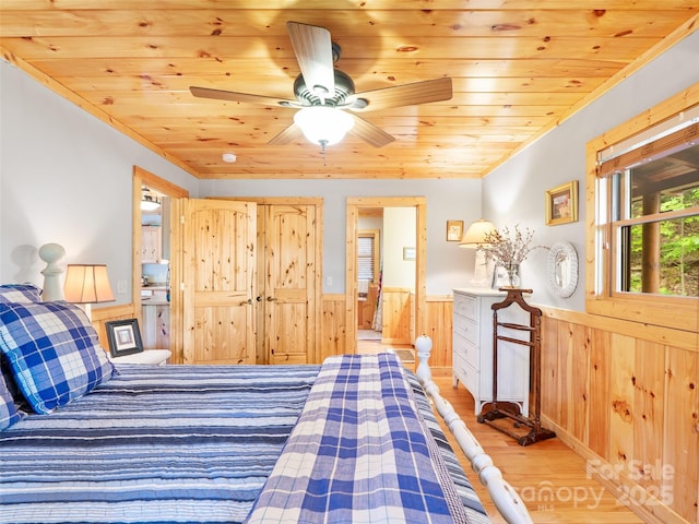 198 Bear Ridge Rd, Bakersville, NC 28705 - bedroom featuring light wood-style floors, a wainscoted wall, wood ceiling, and wooden walls