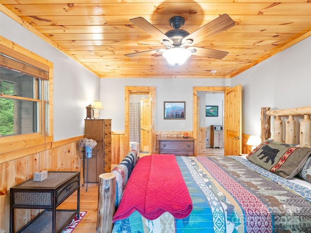 198 Bear Ridge Rd, Bakersville, NC 28705 - bedroom featuring a wainscoted wall, light wood-style floors, wood ceiling, wooden walls, and crown molding