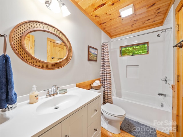 198 Bear Ridge Rd, Bakersville, NC 28705 - full bath with shower / bath combo with shower curtain, vanity, toilet, and wood ceiling