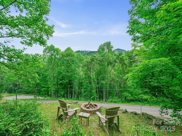 198 Bear Ridge Rd, Bakersville, NC 28705 - view of yard featuring an outdoor fire pit and a forest view