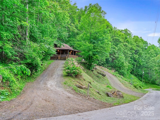 198 Bear Ridge Rd, Bakersville, NC 28705 - view of front of home featuring driveway, a wooded view, and covered porch
