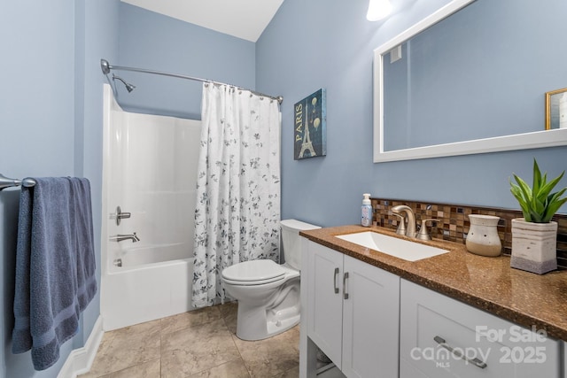 560 Blue Sky Dr, Dallas, NC 28034 - full bathroom with vanity, toilet, shower / bathtub combination with curtain, and decorative backsplash