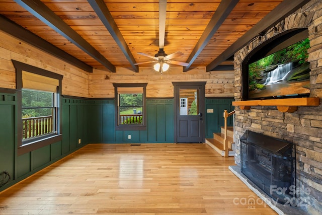 111 Grizzly Den Way, Marion, NC 28752 - unfurnished living room with wooden ceiling with exposed beams, plenty of natural light, light wood-style floors, wainscoting, and a ceiling fan
