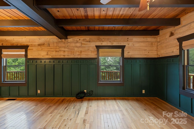 111 Grizzly Den Way, Marion, NC 28752 - empty room with plenty of natural light, light wood-style floors, wooden ceiling with exposed beams, ceiling fan, and wooden walls