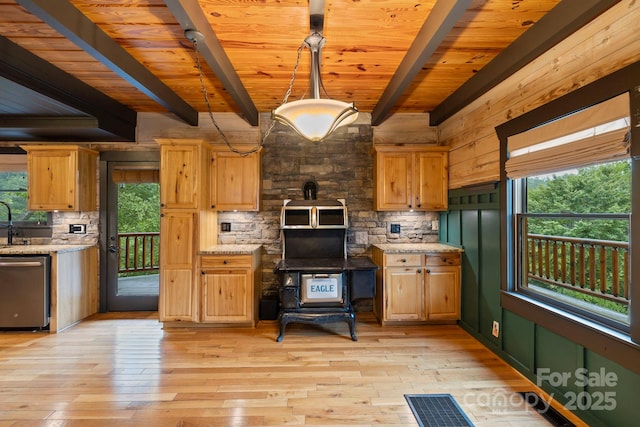 111 Grizzly Den Way, Marion, NC 28752 - kitchen with dishwasher, plenty of natural light, wood ceiling with exposed beams, a wood stove, and tasteful backsplash