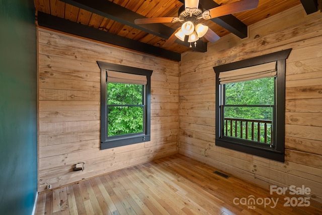 111 Grizzly Den Way, Marion, NC 28752 - unfurnished room featuring wood ceiling with exposed beams, plenty of natural light, wooden walls, hardwood / wood-style flooring, and a ceiling fan