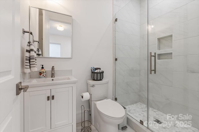 3020 Brooks Mill Ln, Wingate, NC 28174 - bathroom with vanity, a shower stall, and toilet