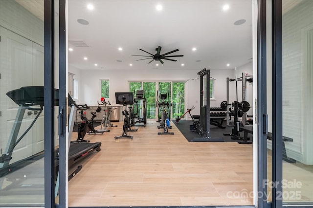 3020 Brooks Mill Ln, Wingate, NC 28174 - workout area featuring recessed lighting, a ceiling fan, and light wood finished floors