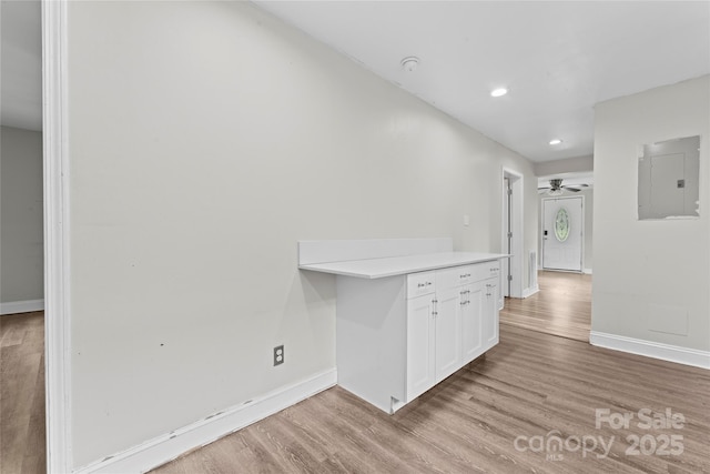 3400 Reid Ave, Charlotte, NC 28208 - hall with electric panel, light wood-style floors, baseboards, and recessed lighting