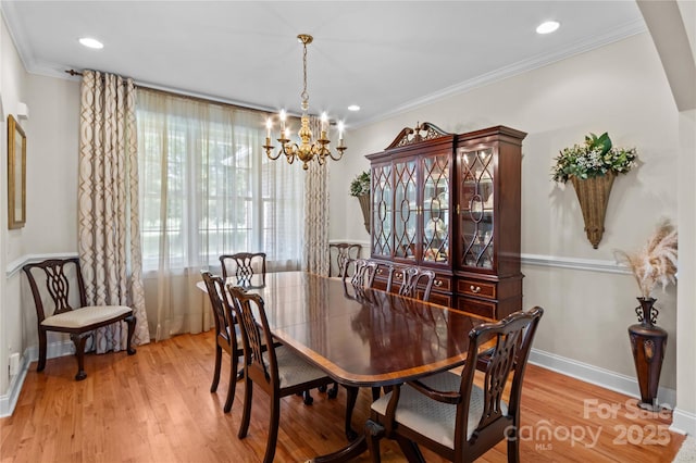 1070 Blueberry Rd, Salisbury, NC 28147 - dining area featuring a chandelier, light wood-style flooring, crown molding, baseboards, and recessed lighting