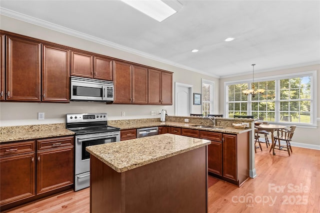 1070 Blueberry Rd, Salisbury, NC 28147 - kitchen featuring stainless steel appliances, a sink, a peninsula, a chandelier, and ornamental molding