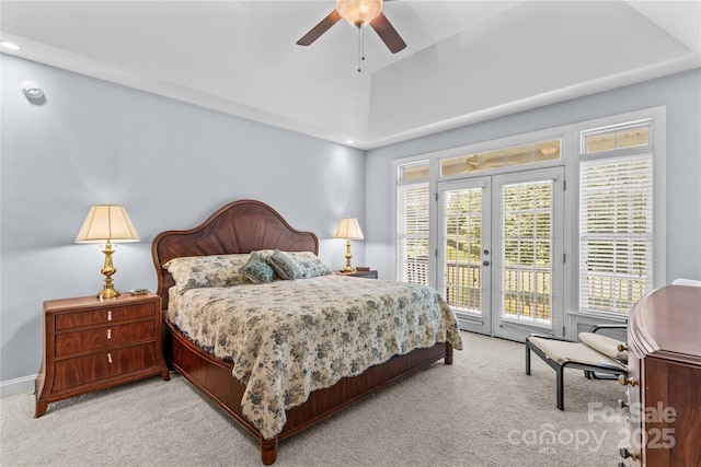 1070 Blueberry Rd, Salisbury, NC 28147 - bedroom with light carpet, access to exterior, a ceiling fan, recessed lighting, and french doors