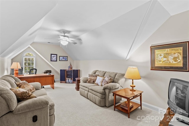 1070 Blueberry Rd, Salisbury, NC 28147 - living area featuring vaulted ceiling, a ceiling fan, baseboards, and carpet