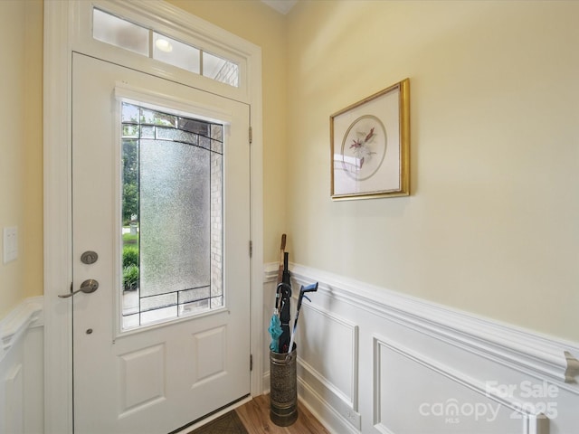 1004 Fairbanks Ct, Indian Trail, NC 28079 - foyer with a decorative wall, a wainscoted wall, and dark wood finished floors