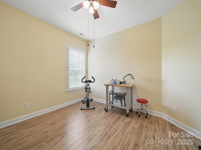 1004 Fairbanks Ct, Indian Trail, NC 28079 - exercise area with wood finished floors, baseboards, and ceiling fan