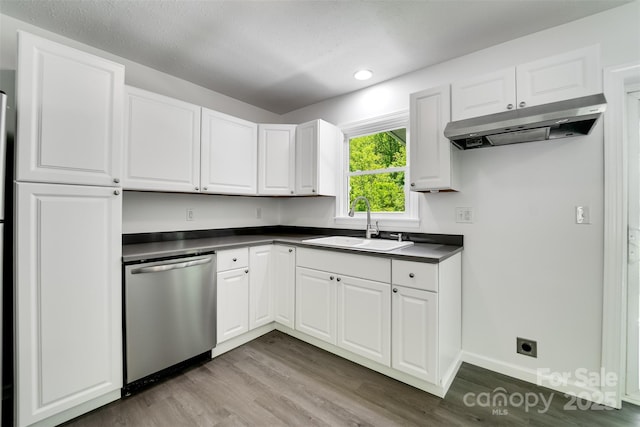 285 Painter Rd S, Cullowhee, NC 28723 - kitchen with stainless steel dishwasher, a sink, under cabinet range hood, dark countertops, and recessed lighting