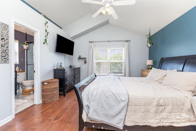 2636 Forest Grove Ct, Charlotte, NC 28269 - bedroom with vaulted ceiling, wood finished floors, ensuite bathroom, and a ceiling fan